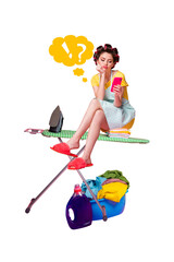 Creative trend collage of&nbsp;confused female housewife ironing laundry&nbsp;freak bizarre unusual fantasy