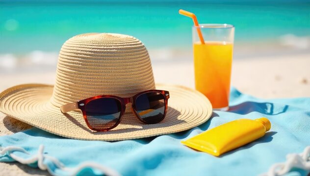 A sunhat rests on a beach towel next to sunglasses and sunscreen, with a refreshing drink nearby, embodying summer safety and relaxation Enjoy the sun responsibly!, leisure, waves