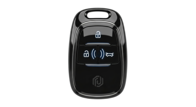 Modern Car Remote Key Fob with Lock, Unlock, and Trunk Buttons, Black Sleek Design for Automotive Access Control and Security Systems