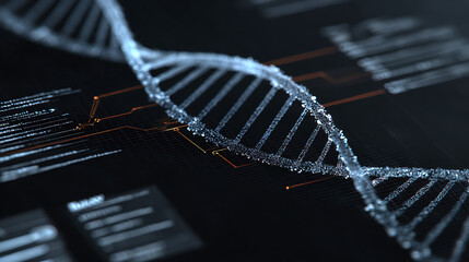 Digital representation of a DNA double helix with glowing strands and data interface elements on a dark background