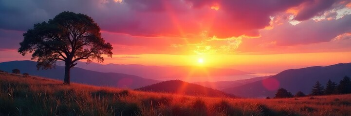 Obraz premium A tranquil sunrise paints the sky with vibrant hues, casting a warm glow over a serene landscape Perfect for travel, nature, or peaceful themed projects , ecology, color, landscape