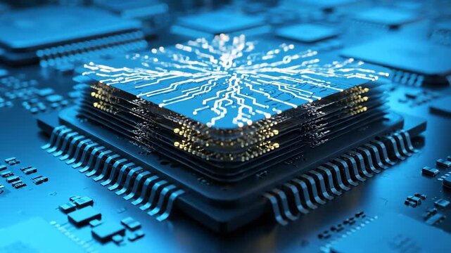 Central Processing Unit: A detailed top-down view of a cutting-edge central processing unit, the heart of modern technology, showcasing intricate circuits and powerful computing capabilities.