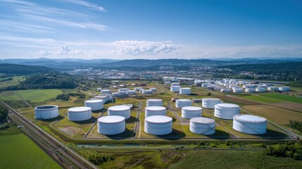 Fototapeta premium Aerial View of Large Industrial Oil Storage Tanks in Green Countryside