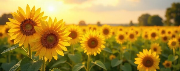 Fototapeta premium A vibrant field of sunflowers basks in the golden sunlight, a tranquil pastoral scene with buzzing bees and gentle breeze Perfect for summer, nature, and agriculture themes , landscape, summer