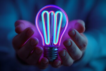 Hands holding glowing neon light bulb in the dark, symbolizing creativity, innovation and futuristic ideas