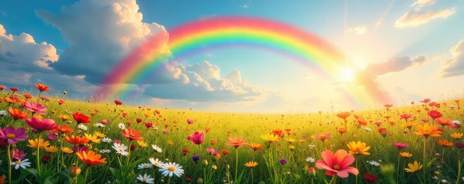 A vibrant rainbow arcing over a sun-drenched field of wildflowers, symbolizing universal joy and contentment; a feeling of widespread happiness embracing all of nature ,  contentment,  beauty