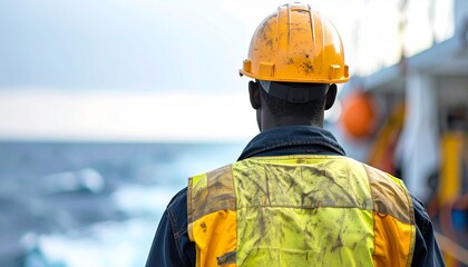 Maritime workers with helmets facing the vast ocean on the ship's deck