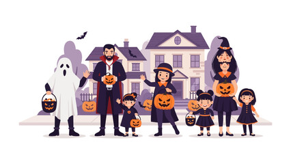 Halloween Festive Fun: A charming illustration captures the spirit of Halloween, with diverse figures in imaginative costumes ready for trick-or-treating.
