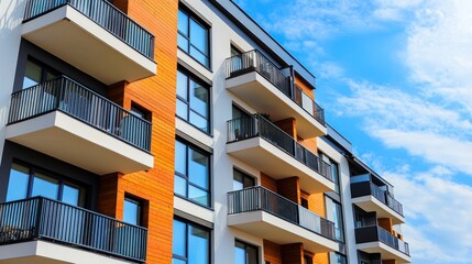A modern apartment building with wooden balconies and glass windows against a blue sky with white clouds.