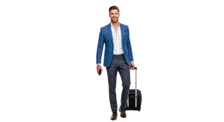 Stylish Traveler A Man in a Blue Blazer with Luggage and a Phone Walking with Confidence Against a Clean White Background