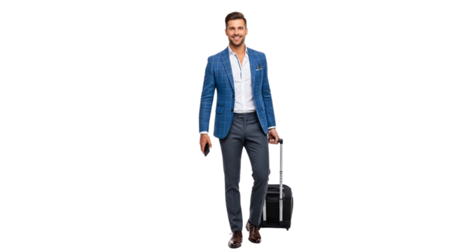 Stylish Traveler A Man in a Blue Blazer with Luggage and a Phone Walking with Confidence Against a Clean White Background