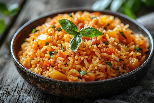 Freshly prepared yellow rice garnished with herbs rustic bowl high resolution picture