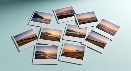 Sunset photo collection displayed on a light blue backdrop, evoking coastal serenity and travel memories