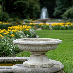 park scene featuring a fountain amidst blooming flowers, symbolizing tranquility and the beauty of nature