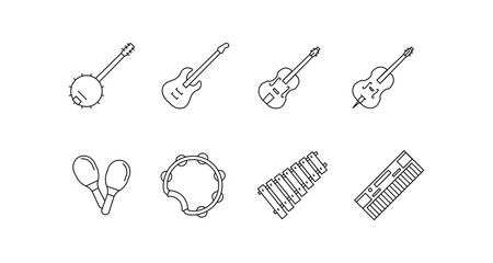 Collection of linear musical instrument icons featuring strings and percussion