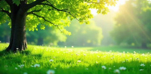 Obraz premium Sunlight dapples a lush green meadow, delicate branches reaching skyward, creating a tranquil, idyllic scene Perfect for nature, spring, or pastoral themes , delicate branches, serenity