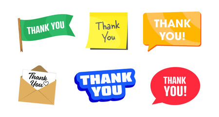 Colorful thank you text designs with speech bubbles and envelopes