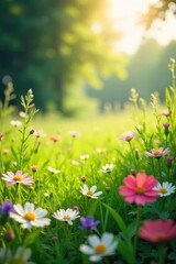 Fototapeta premium Sunlight dapples a vibrant meadow bursting with wildflowers, a gentle breeze rustling through the tall grasses Perfect for spring, nature, carefree vibes, and joyful imagery , flora, carefree