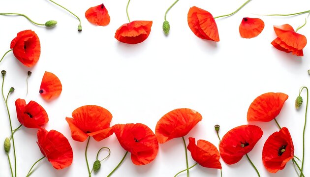 Veterans Day Tribute: Flat lay of red poppies forming a frame against a white background, conveying a solemn and respectful mood.