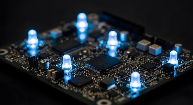 Close-up of a futuristic electronic circuit board with illuminated blue LEDs, showcasing advanced technology and innovation