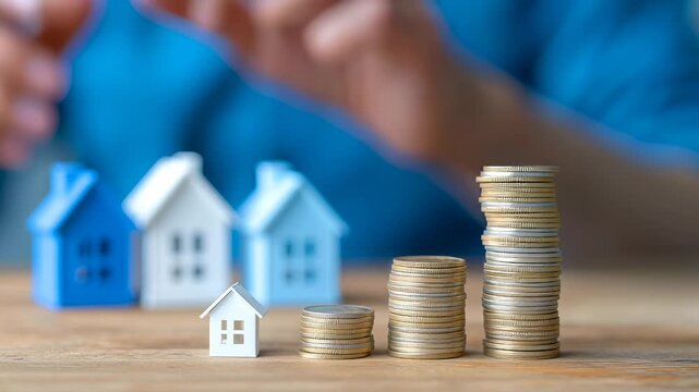 Hand stacking coins near miniature houses, demonstrating incremental financial planning and real estate investment progression with increasing coin stacks.