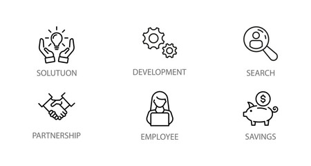 Linear icons of business concepts: solution, development, search, partnership, employee, savings