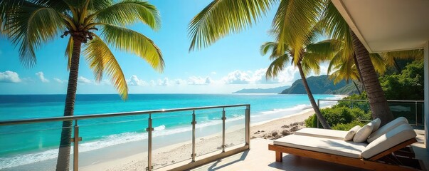 Sunny day at a beachfront hotel, palm trees sway gently in the breeze, ocean view from a balcony, summer vacation vibes, luxurious resort , palm trees, holiday, escape