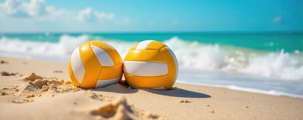 Two beach volleyballs sit in the warm sand near a gently lapping ocean wave, ready for a game under the bright sun Perfect summer vacation imagery , tropical, teamwork, activity