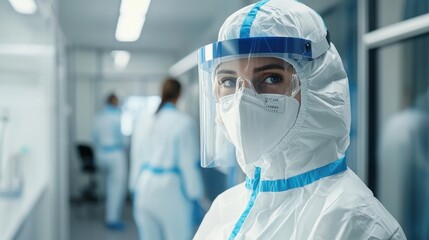 A healthcare worker in full PPE stands in a hospital corridor, wearing a white coat, face shield, and mask.