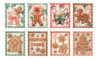 Set of hand-drawn Christmas gingerbread stamps. Festive watercolor illustration collection with cookies, house, and hot chocolate, isolated on white background
