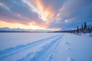 Vast, snow-covered Siberian landscape under a dramatic winter sky Frozen lake, distant mountains, pristine wilderness Perfect for travel, nature, and winter themes , winter, sky