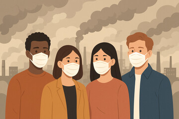 Cartoon vector illustration of diverse people wearing face masks in polluted city