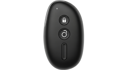 Modern black remote control with two buttons for locking and unlocking, isolated on a white background, representing convenience and security technology