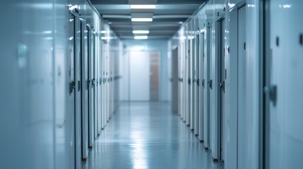 A clean, empty storage facility corridor with glass doors and white walls.
