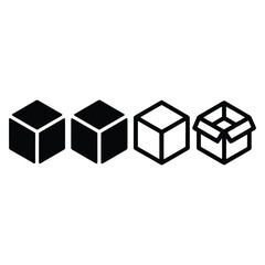 Four stylized cube icons representing packaging and delivery stages