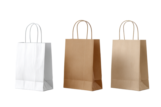 Three paper shopping bags, white, kraft, and beige