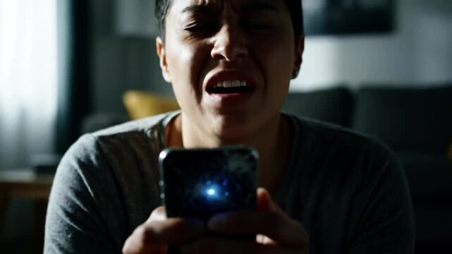 Shocked young woman reacts with despair to her broken smartphone its cracked screen glowing with a mysterious blue light Emotional distress over damaged technol