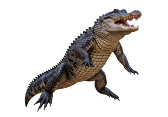 A powerful alligator poised in mid-leap against a stark black background, showcasing its intricate scales and sharp teeth.