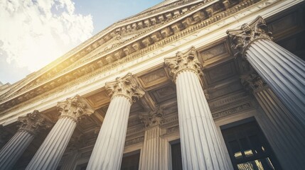 Naklejka premium The grand, classical architecture of a government building with columns and a pediment, set against a clear blue sky with scattered clouds.