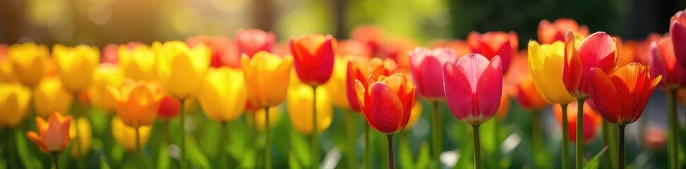 Fototapeta premium Vibrant tulips in a lush garden bursting with the colours of spring A stunning display of yellow, pink, and orange blossoms bathed in sunlight , texture, stem, blossoming