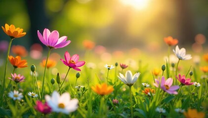 Fototapeta premium Vibrant wildflowers blooming in a lush meadow bathed in the warm sunlight of springtime Perfect for themes of renewal, growth, and the beauty of nature's awakening , sunlight, meadow, nature