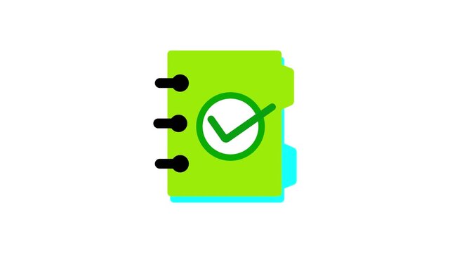 Approved symbol on the successful review planner icon in a cartoon animation. School assessment complete and the checklist item marked sign on white background.