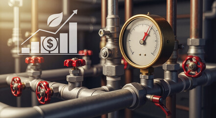 Industrial pressure gauge with financial growth symbol on pipes  