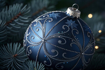detail of the dark blue christmas decoration shiny ornaments all around