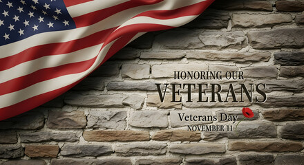 Veterans Day tribute with the American flag and message on stone wall background