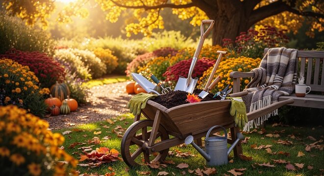 Garden scene with wheelbarrow and gardening tools in autumn colors - Powered by Adobe