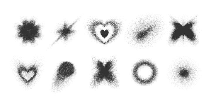 Set of grainy textured shapes. Dotted halftone gradient, stippling effect. Creative noisy figures, hearts, butterfly, stars, circle, abstract forms. Decoration element, retro y2k aesthetic.