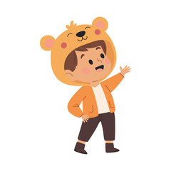 Cute boy in a bear costume. Child in a children's-style fancy dress costume. Vector illustration on a white background.