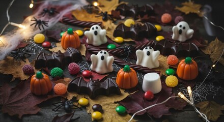 Halloween-themed chocolate treats with pumpkins and ghosts on leaves  