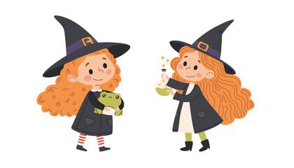 Cute Little Girls in Halloween Costumes and Witch Hats Having Fun Vector Illustration